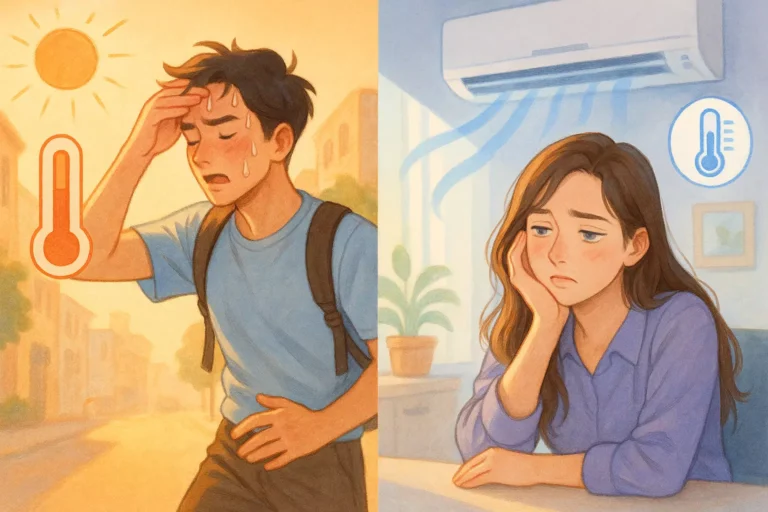 냉방병은 여름철 에어컨 과사용으로 인해 발생하는 자율신경계 이상 증후군으로, 두통, 근육통, 소화불량, 감기 유사 증상 등을 유발할 수 있다